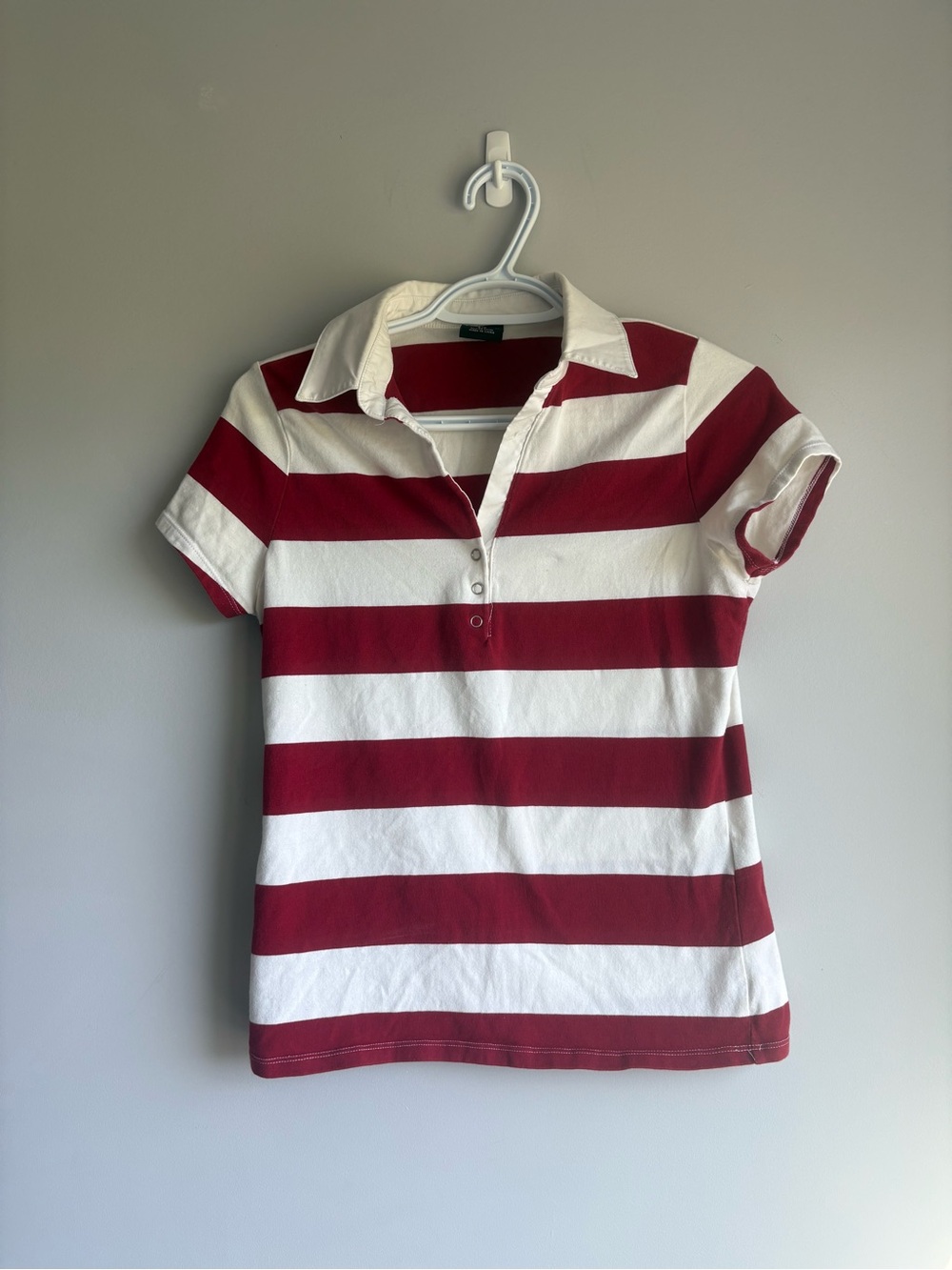Tribal Women's Button-Down Polo in Burgundy and White Stripes